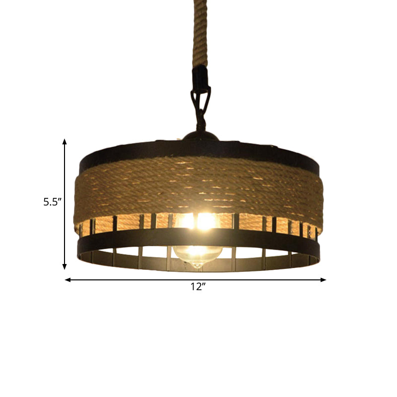 Hemp Rope Drum Suspended Light Country Style 12"/16" Wide 1 Head Restaurant Hanging Lamp in Beige Clearhalo 'Art Deco Pendants' 'Cast Iron' 'Ceiling Lights' 'Ceramic' 'Crystal' 'Industrial Pendants' 'Industrial' 'Metal' 'Middle Century Pendants' 'Pendant Lights' 'Pendants' 'Tiffany' Lighting' 1959616