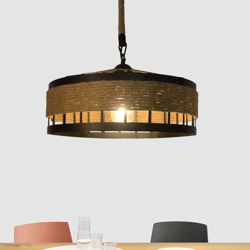 Hemp Rope Drum Suspended Light Country Style 12"/16" Wide 1 Head Restaurant Hanging Lamp in Beige Clearhalo 'Art Deco Pendants' 'Cast Iron' 'Ceiling Lights' 'Ceramic' 'Crystal' 'Industrial Pendants' 'Industrial' 'Metal' 'Middle Century Pendants' 'Pendant Lights' 'Pendants' 'Tiffany' Lighting' 1959618