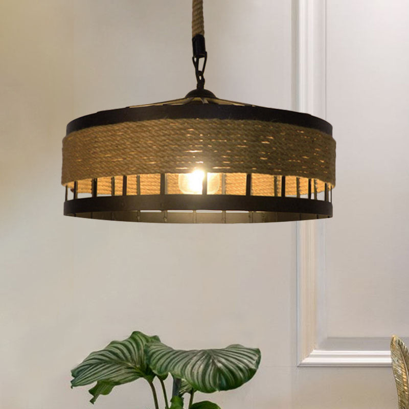 Hemp Rope Drum Suspended Light Country Style 12"/16" Wide 1 Head Restaurant Hanging Lamp in Beige Clearhalo 'Art Deco Pendants' 'Cast Iron' 'Ceiling Lights' 'Ceramic' 'Crystal' 'Industrial Pendants' 'Industrial' 'Metal' 'Middle Century Pendants' 'Pendant Lights' 'Pendants' 'Tiffany' Lighting' 1959619