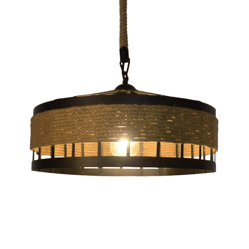 Hemp Rope Drum Suspended Light Country Style 12"/16" Wide 1 Head Restaurant Hanging Lamp in Beige Clearhalo 'Art Deco Pendants' 'Cast Iron' 'Ceiling Lights' 'Ceramic' 'Crystal' 'Industrial Pendants' 'Industrial' 'Metal' 'Middle Century Pendants' 'Pendant Lights' 'Pendants' 'Tiffany' Lighting' 1959620