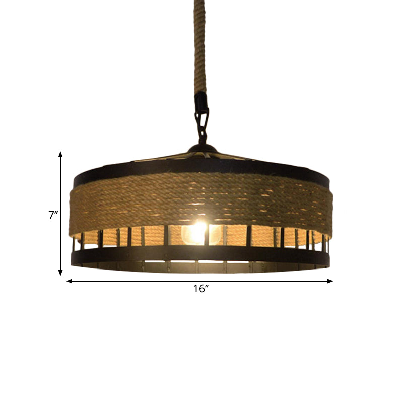Hemp Rope Drum Suspended Light Country Style 12"/16" Wide 1 Head Restaurant Hanging Lamp in Beige Clearhalo 'Art Deco Pendants' 'Cast Iron' 'Ceiling Lights' 'Ceramic' 'Crystal' 'Industrial Pendants' 'Industrial' 'Metal' 'Middle Century Pendants' 'Pendant Lights' 'Pendants' 'Tiffany' Lighting' 1959621