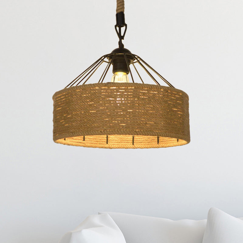 Hemp Rope Drum Suspended Light Country Style 12"/16" Wide 1 Head Restaurant Hanging Lamp in Beige Clearhalo 'Art Deco Pendants' 'Cast Iron' 'Ceiling Lights' 'Ceramic' 'Crystal' 'Industrial Pendants' 'Industrial' 'Metal' 'Middle Century Pendants' 'Pendant Lights' 'Pendants' 'Tiffany' Lighting' 1959623