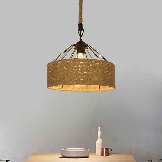 Hemp Rope Drum Suspended Light Country Style 12"/16" Wide 1 Head Restaurant Hanging Lamp in Beige Clearhalo 'Art Deco Pendants' 'Cast Iron' 'Ceiling Lights' 'Ceramic' 'Crystal' 'Industrial Pendants' 'Industrial' 'Metal' 'Middle Century Pendants' 'Pendant Lights' 'Pendants' 'Tiffany' Lighting' 1959624