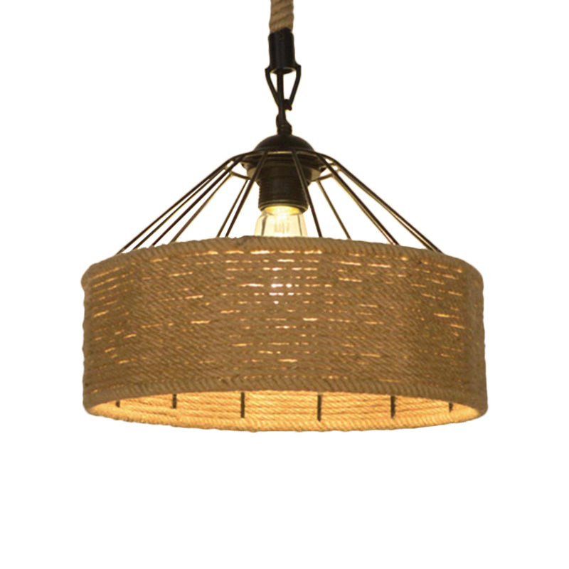 Hemp Rope Drum Suspended Light Country Style 12"/16" Wide 1 Head Restaurant Hanging Lamp in Beige Clearhalo 'Art Deco Pendants' 'Cast Iron' 'Ceiling Lights' 'Ceramic' 'Crystal' 'Industrial Pendants' 'Industrial' 'Metal' 'Middle Century Pendants' 'Pendant Lights' 'Pendants' 'Tiffany' Lighting' 1959625