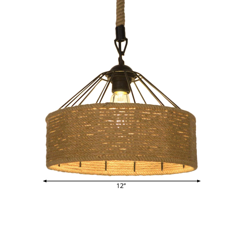 Hemp Rope Drum Suspended Light Country Style 12"/16" Wide 1 Head Restaurant Hanging Lamp in Beige Clearhalo 'Art Deco Pendants' 'Cast Iron' 'Ceiling Lights' 'Ceramic' 'Crystal' 'Industrial Pendants' 'Industrial' 'Metal' 'Middle Century Pendants' 'Pendant Lights' 'Pendants' 'Tiffany' Lighting' 1959626