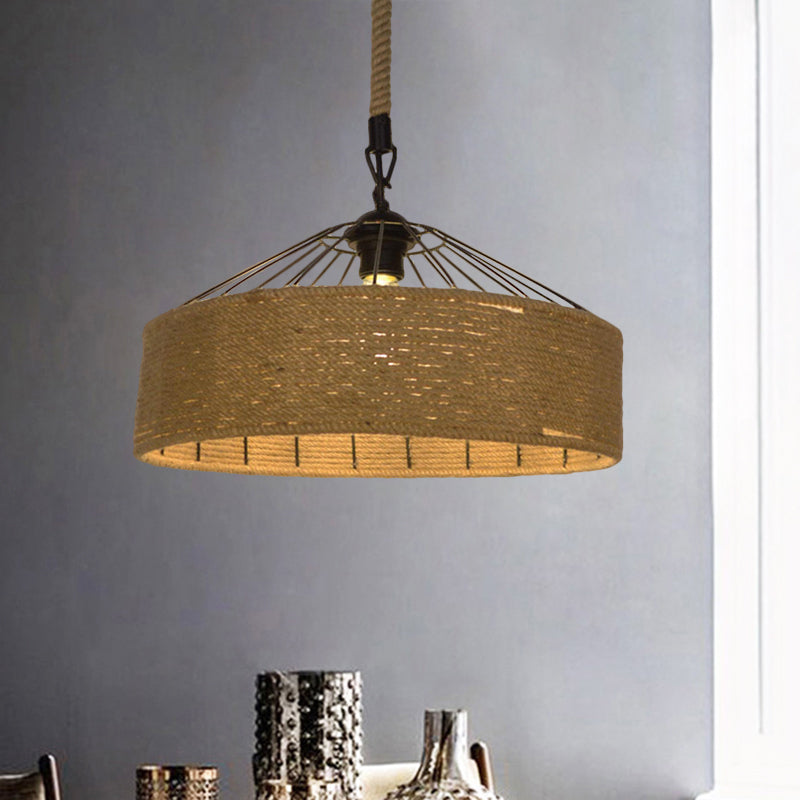 Hemp Rope Drum Suspended Light Country Style 12"/16" Wide 1 Head Restaurant Hanging Lamp in Beige Beige 16" A Clearhalo 'Art Deco Pendants' 'Cast Iron' 'Ceiling Lights' 'Ceramic' 'Crystal' 'Industrial Pendants' 'Industrial' 'Metal' 'Middle Century Pendants' 'Pendant Lights' 'Pendants' 'Tiffany' Lighting' 1959627