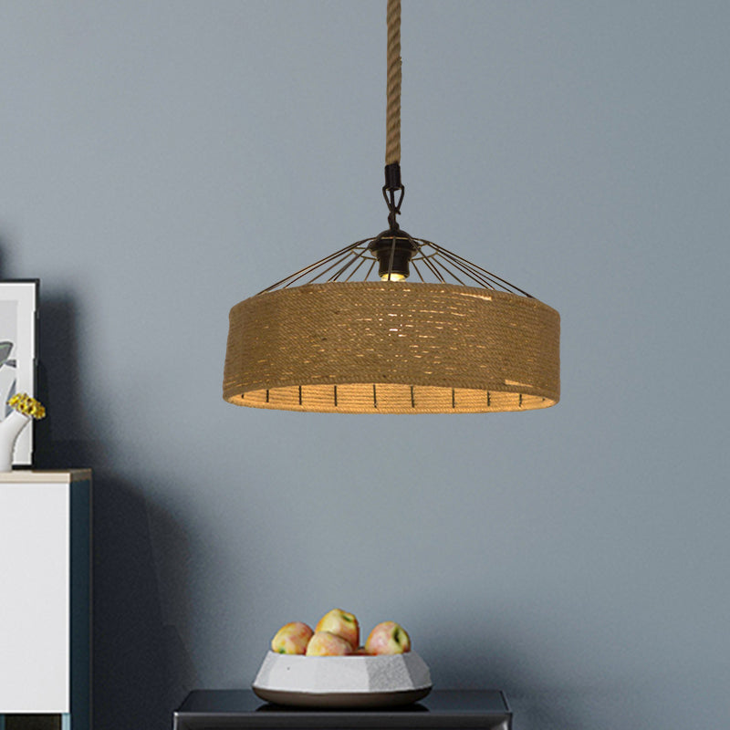 Hemp Rope Drum Suspended Light Country Style 12"/16" Wide 1 Head Restaurant Hanging Lamp in Beige Clearhalo 'Art Deco Pendants' 'Cast Iron' 'Ceiling Lights' 'Ceramic' 'Crystal' 'Industrial Pendants' 'Industrial' 'Metal' 'Middle Century Pendants' 'Pendant Lights' 'Pendants' 'Tiffany' Lighting' 1959628