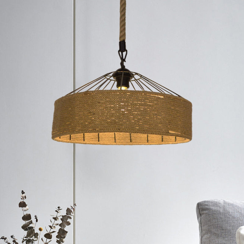 Hemp Rope Drum Suspended Light Country Style 12"/16" Wide 1 Head Restaurant Hanging Lamp in Beige Clearhalo 'Art Deco Pendants' 'Cast Iron' 'Ceiling Lights' 'Ceramic' 'Crystal' 'Industrial Pendants' 'Industrial' 'Metal' 'Middle Century Pendants' 'Pendant Lights' 'Pendants' 'Tiffany' Lighting' 1959629