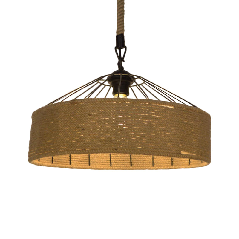Hemp Rope Drum Suspended Light Country Style 12"/16" Wide 1 Head Restaurant Hanging Lamp in Beige Clearhalo 'Art Deco Pendants' 'Cast Iron' 'Ceiling Lights' 'Ceramic' 'Crystal' 'Industrial Pendants' 'Industrial' 'Metal' 'Middle Century Pendants' 'Pendant Lights' 'Pendants' 'Tiffany' Lighting' 1959630