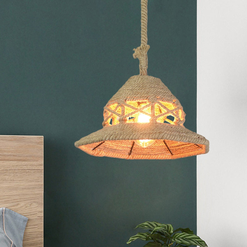 Vintage Globe/Bowl Shade Hanging Lamp 1 Light Hemp Rope Suspension Light in Beige for Coffee Shop Beige Wide Flare Clearhalo 'Ceiling Lights' 'Industrial Pendants' 'Industrial' 'Middle Century Pendants' 'Pendant Lights' 'Pendants' 'Tiffany' Lighting' 1959632