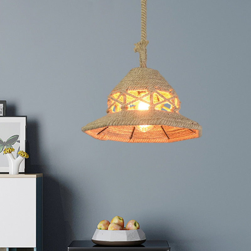 Vintage Globe/Bowl Shade Hanging Lamp 1 Light Hemp Rope Suspension Light in Beige for Coffee Shop Clearhalo 'Ceiling Lights' 'Industrial Pendants' 'Industrial' 'Middle Century Pendants' 'Pendant Lights' 'Pendants' 'Tiffany' Lighting' 1959633