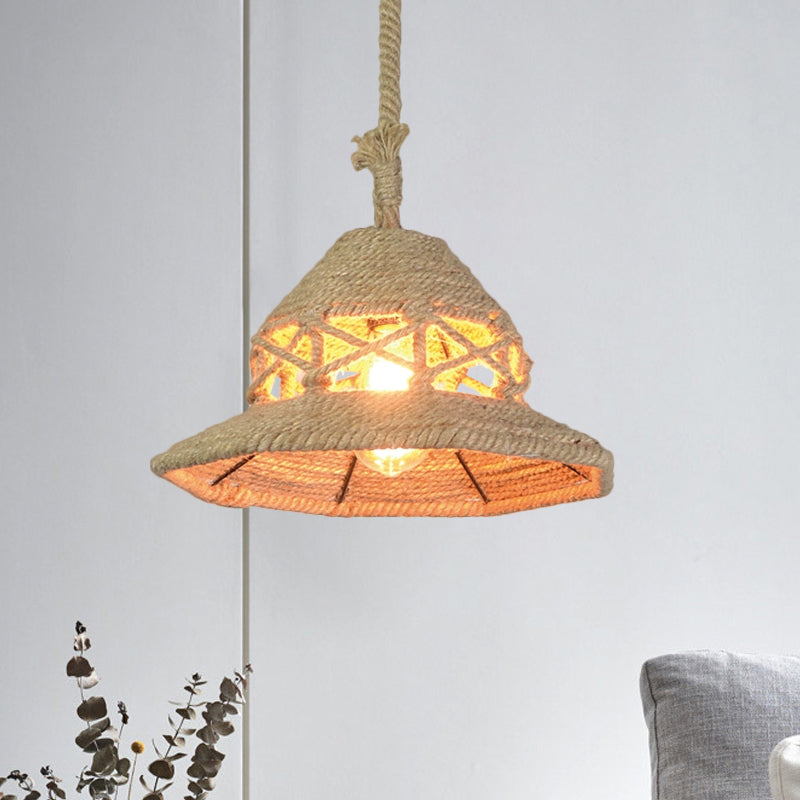 Vintage Globe/Bowl Shade Hanging Lamp 1 Light Hemp Rope Suspension Light in Beige for Coffee Shop Clearhalo 'Ceiling Lights' 'Industrial Pendants' 'Industrial' 'Middle Century Pendants' 'Pendant Lights' 'Pendants' 'Tiffany' Lighting' 1959634