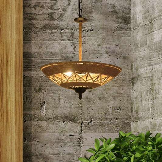 Vintage Globe/Bowl Shade Hanging Lamp 1 Light Hemp Rope Suspension Light in Beige for Coffee Shop Beige Hat Clearhalo 'Ceiling Lights' 'Industrial Pendants' 'Industrial' 'Middle Century Pendants' 'Pendant Lights' 'Pendants' 'Tiffany' Lighting' 1959637