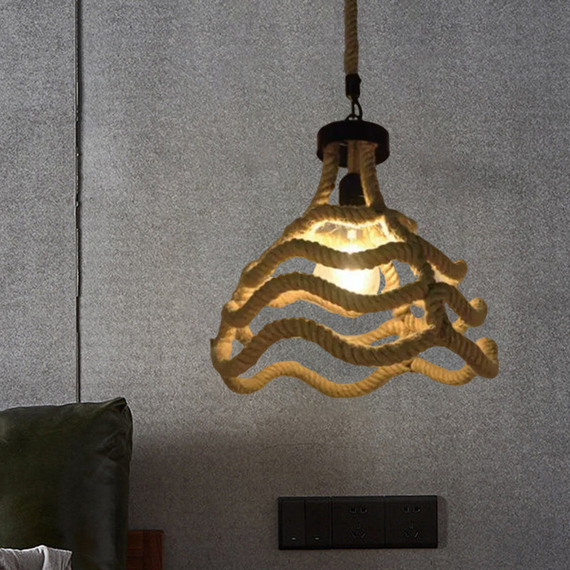 Vintage Globe/Bowl Shade Hanging Lamp 1 Light Hemp Rope Suspension Light in Beige for Coffee Shop Clearhalo 'Ceiling Lights' 'Industrial Pendants' 'Industrial' 'Middle Century Pendants' 'Pendant Lights' 'Pendants' 'Tiffany' Lighting' 1959643