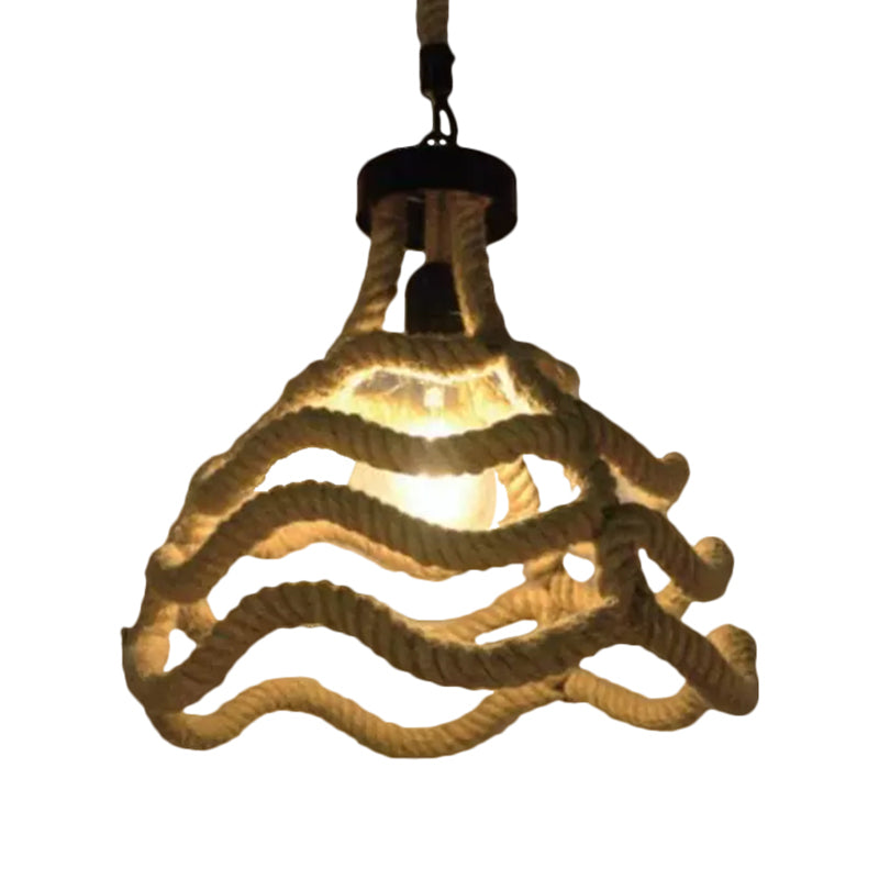 Vintage Globe/Bowl Shade Hanging Lamp 1 Light Hemp Rope Suspension Light in Beige for Coffee Shop Clearhalo 'Ceiling Lights' 'Industrial Pendants' 'Industrial' 'Middle Century Pendants' 'Pendant Lights' 'Pendants' 'Tiffany' Lighting' 1959645