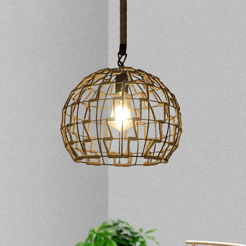 Vintage Globe/Bowl Shade Hanging Lamp 1 Light Hemp Rope Suspension Light in Beige for Coffee Shop Beige Globe Clearhalo 'Ceiling Lights' 'Industrial Pendants' 'Industrial' 'Middle Century Pendants' 'Pendant Lights' 'Pendants' 'Tiffany' Lighting' 1959647