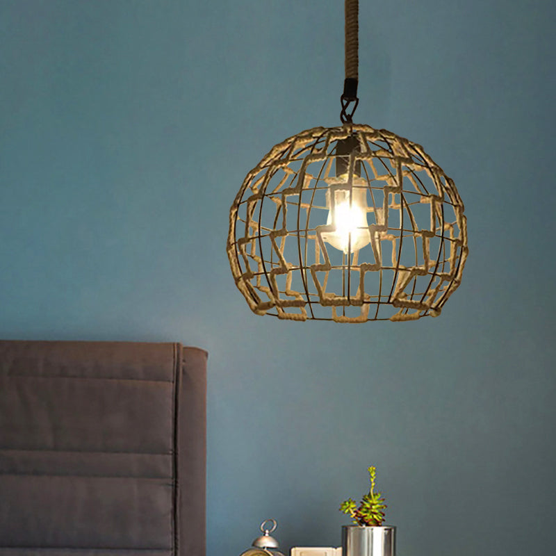 Vintage Globe/Bowl Shade Hanging Lamp 1 Light Hemp Rope Suspension Light in Beige for Coffee Shop Clearhalo 'Ceiling Lights' 'Industrial Pendants' 'Industrial' 'Middle Century Pendants' 'Pendant Lights' 'Pendants' 'Tiffany' Lighting' 1959648