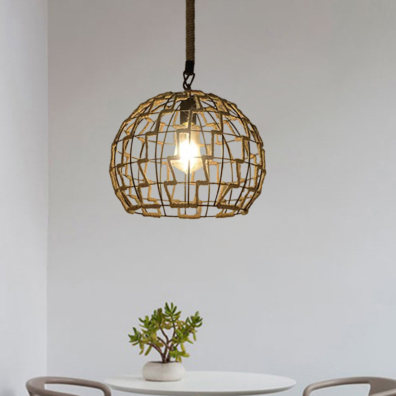 Vintage Globe/Bowl Shade Hanging Lamp 1 Light Hemp Rope Suspension Light in Beige for Coffee Shop Clearhalo 'Ceiling Lights' 'Industrial Pendants' 'Industrial' 'Middle Century Pendants' 'Pendant Lights' 'Pendants' 'Tiffany' Lighting' 1959649