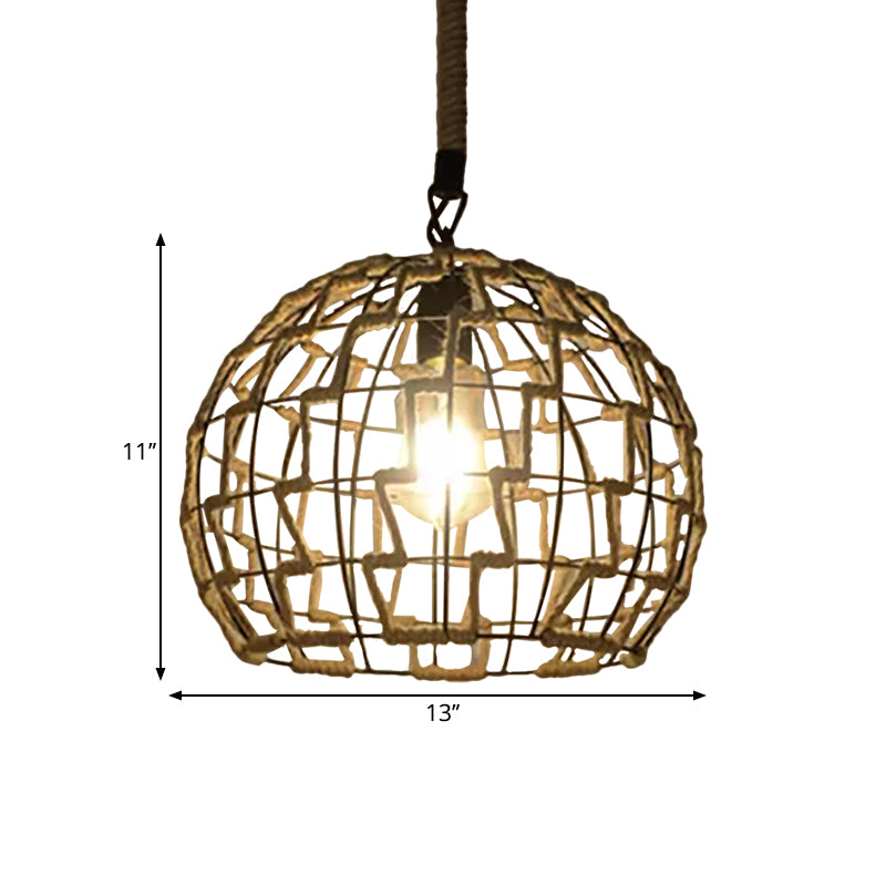Vintage Globe/Bowl Shade Hanging Lamp 1 Light Hemp Rope Suspension Light in Beige for Coffee Shop Clearhalo 'Ceiling Lights' 'Industrial Pendants' 'Industrial' 'Middle Century Pendants' 'Pendant Lights' 'Pendants' 'Tiffany' Lighting' 1959651