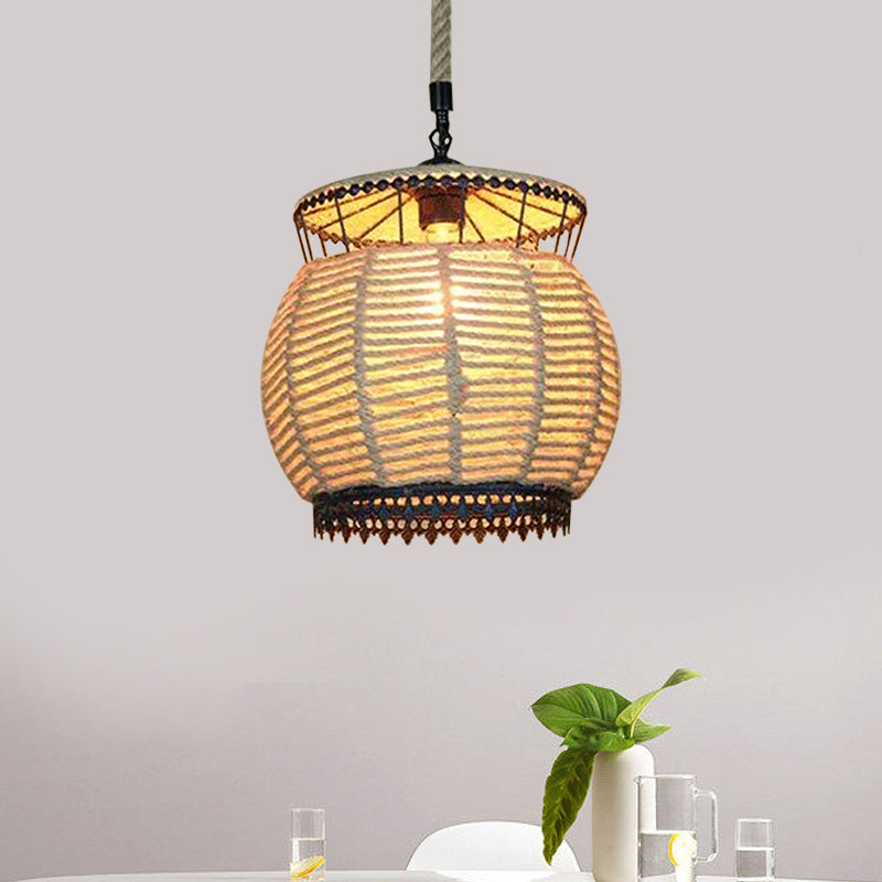 Vintage Globe/Bowl Shade Hanging Lamp 1 Light Hemp Rope Suspension Light in Beige for Coffee Shop Clearhalo 'Ceiling Lights' 'Industrial Pendants' 'Industrial' 'Middle Century Pendants' 'Pendant Lights' 'Pendants' 'Tiffany' Lighting' 1959653