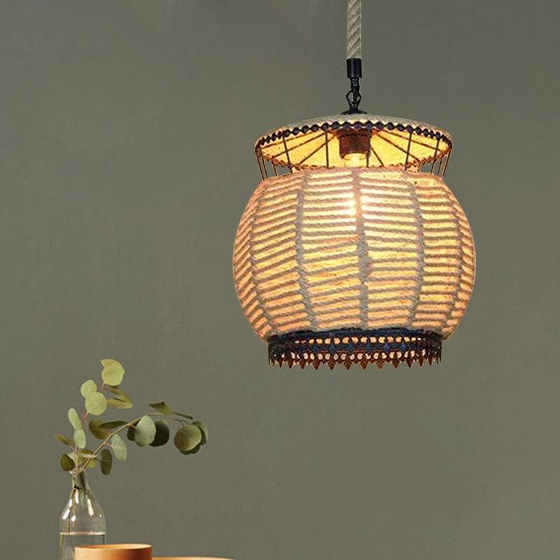 Vintage Globe/Bowl Shade Hanging Lamp 1 Light Hemp Rope Suspension Light in Beige for Coffee Shop Clearhalo 'Ceiling Lights' 'Industrial Pendants' 'Industrial' 'Middle Century Pendants' 'Pendant Lights' 'Pendants' 'Tiffany' Lighting' 1959654