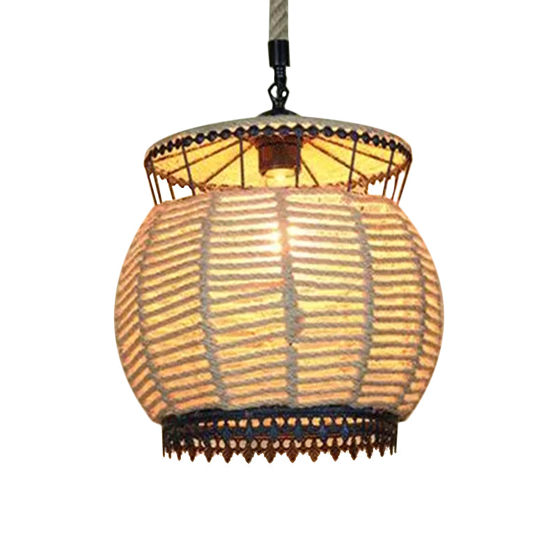 Vintage Globe/Bowl Shade Hanging Lamp 1 Light Hemp Rope Suspension Light in Beige for Coffee Shop Clearhalo 'Ceiling Lights' 'Industrial Pendants' 'Industrial' 'Middle Century Pendants' 'Pendant Lights' 'Pendants' 'Tiffany' Lighting' 1959655