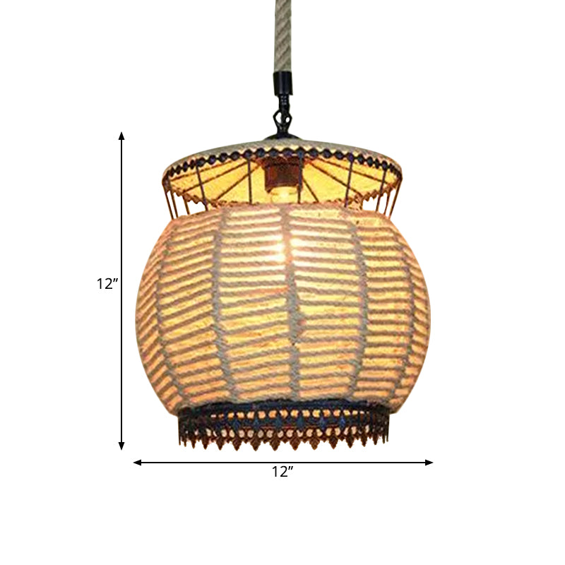 Vintage Globe/Bowl Shade Hanging Lamp 1 Light Hemp Rope Suspension Light in Beige for Coffee Shop Clearhalo 'Ceiling Lights' 'Industrial Pendants' 'Industrial' 'Middle Century Pendants' 'Pendant Lights' 'Pendants' 'Tiffany' Lighting' 1959656