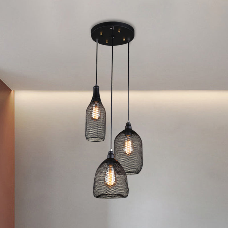 Mesh Cage Metal Hanging Light Antique 3 Heads Dining Room Suspension Lamp with Different Shade in Black Clearhalo 'Art Deco Pendants' 'Black' 'Cast Iron' 'Ceiling Lights' 'Ceramic' 'Crystal' 'Industrial Pendants' 'Industrial' 'Metal' 'Middle Century Pendants' 'Pendant Lights' 'Pendants' 'Rustic Pendants' 'Tiffany' Lighting' 1959668