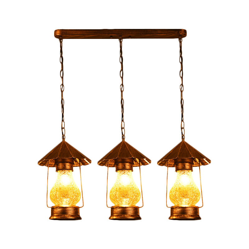 White/Yellow 2/3-Light Multiple Hanging Light Vintage Crackle Glass Kerosene Cluster Pendant Clearhalo 'Art Deco Pendants' 'Cast Iron' 'Ceiling Lights' 'Ceramic' 'Crystal' 'Industrial Pendants' 'Industrial' 'Metal' 'Middle Century Pendants' 'Pendant Lights' 'Pendants' 'Tiffany' Lighting' 1959680