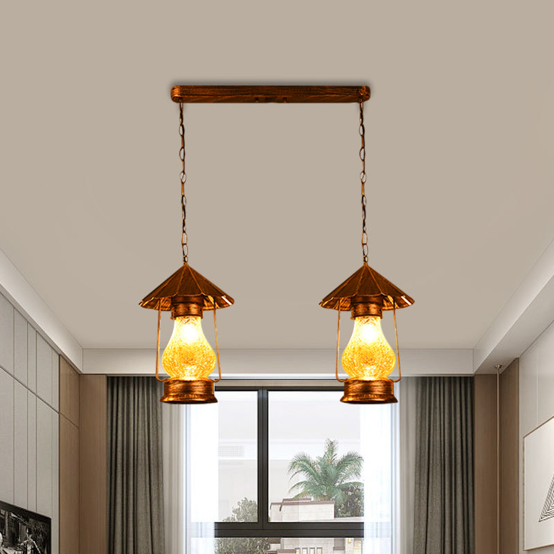 White/Yellow 2/3-Light Multiple Hanging Light Vintage Crackle Glass Kerosene Cluster Pendant 2 Yellow Clearhalo 'Art Deco Pendants' 'Cast Iron' 'Ceiling Lights' 'Ceramic' 'Crystal' 'Industrial Pendants' 'Industrial' 'Metal' 'Middle Century Pendants' 'Pendant Lights' 'Pendants' 'Tiffany' Lighting' 1959682