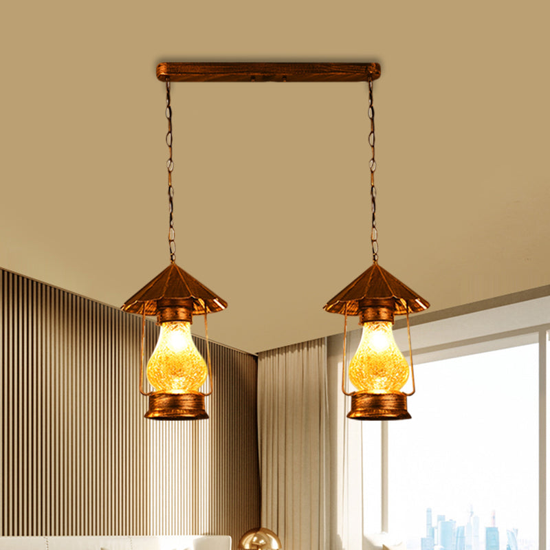 White/Yellow 2/3-Light Multiple Hanging Light Vintage Crackle Glass Kerosene Cluster Pendant Clearhalo 'Art Deco Pendants' 'Cast Iron' 'Ceiling Lights' 'Ceramic' 'Crystal' 'Industrial Pendants' 'Industrial' 'Metal' 'Middle Century Pendants' 'Pendant Lights' 'Pendants' 'Tiffany' Lighting' 1959683