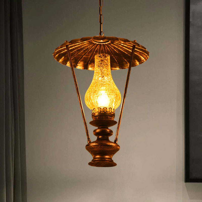 1 Light Hanging Ceiling Light with Lantern Crackle Glass Industrial Living Room Pendant Lighting Bronze Clearhalo 'Art Deco Pendants' 'Cast Iron' 'Ceiling Lights' 'Ceramic' 'Crystal' 'Industrial Pendants' 'Industrial' 'Metal' 'Middle Century Pendants' 'Pendant Lights' 'Pendants' 'Tiffany' Lighting' 1959707