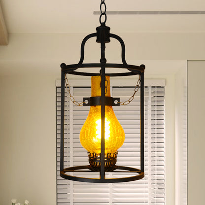 1 Light Lantern Ceiling Pendant Light Vintage Black Crackle Glass Hanging Lamp for Indoor Yellow Clearhalo 'Art Deco Pendants' 'Cast Iron' 'Ceiling Lights' 'Ceramic' 'Crystal' 'Industrial Pendants' 'Industrial' 'Metal' 'Middle Century Pendants' 'Pendant Lights' 'Pendants' 'Tiffany' Lighting' 1959767
