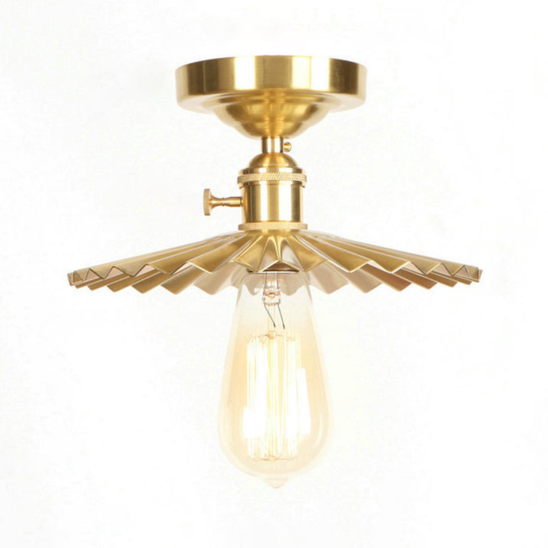 1 Bulb Radial Wave Semi Flush Light Industrial Style Brass Metal Semi Flush Mount Light with/without Switch Brass With Switch Clearhalo 'Ceiling Lights' 'Close To Ceiling Lights' 'Close to ceiling' 'Semi-flushmount' Lighting' 19598