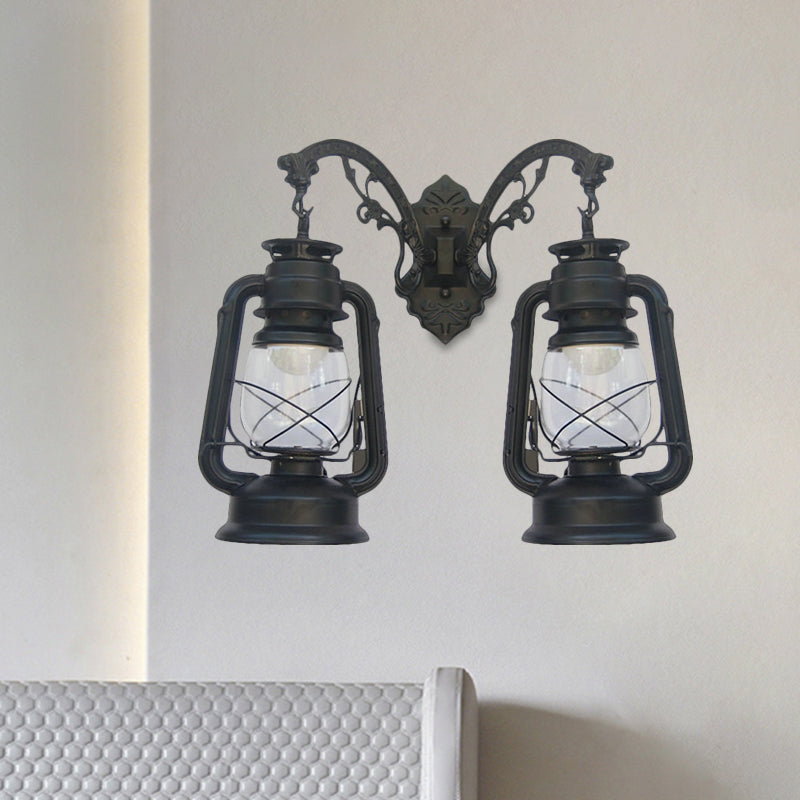 Industrial Lantern Wall Lighting Fixture 2 Bulbs Clear Glass Sconce Light in Black/Bronze/Copper Black C Clearhalo 'Wall Lamps & Sconces' 'Wall Lights' Lighting' 1959802