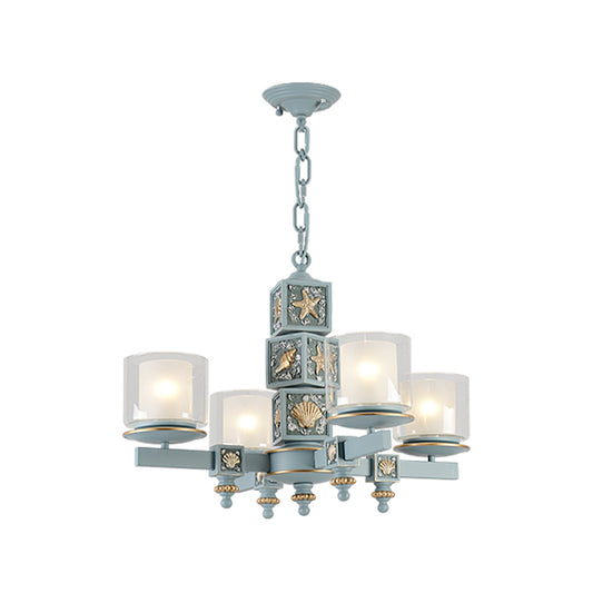 Cartoon Cylinder Pendant Lamp with Shell Deco Metal 4 Lights Blue Chandelier for Kindergarten Clearhalo 'Ceiling Lights' 'Chandeliers' Lighting' options 195994
