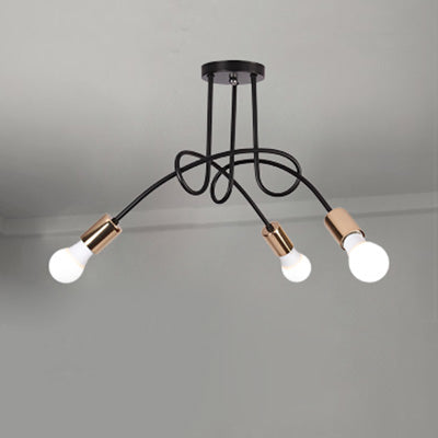 Twisted Metallic Semi-Flush Ceiling Light Industrial 3/5 Lights Hallway Semi Flush Pendant Light with Bare Bulb in Black 3 Black Clearhalo 'Ceiling Lights' 'Close To Ceiling Lights' 'Close to ceiling' 'Semi-flushmount' Lighting' 19600