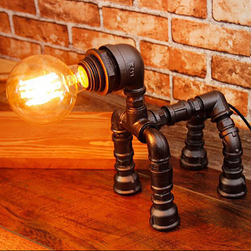 1 Bulb Water Pipe Table Lighting with Dog Design Steampunk Black/Bronze Metallic Table Lamp for Children Bedroom Black Clearhalo 'Lamps' 'Table Lamps' Lighting' 196018