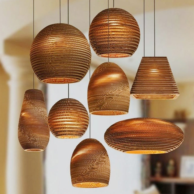 1 Bulb Bistro Pendant Lighting Rustic Brown Pendulum Light with Geometric/Cylinder/Bellied Corrugated Paper Shade Clearhalo 'Ceiling Lights' 'Modern Pendants' 'Modern' 'Pendant Lights' 'Pendants' Lighting' 1960213