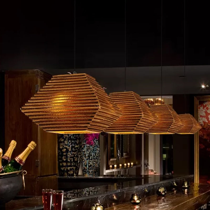 1 Bulb Bistro Pendant Lighting Rustic Brown Pendulum Light with Geometric/Cylinder/Bellied Corrugated Paper Shade Clearhalo 'Ceiling Lights' 'Modern Pendants' 'Modern' 'Pendant Lights' 'Pendants' Lighting' 1960214