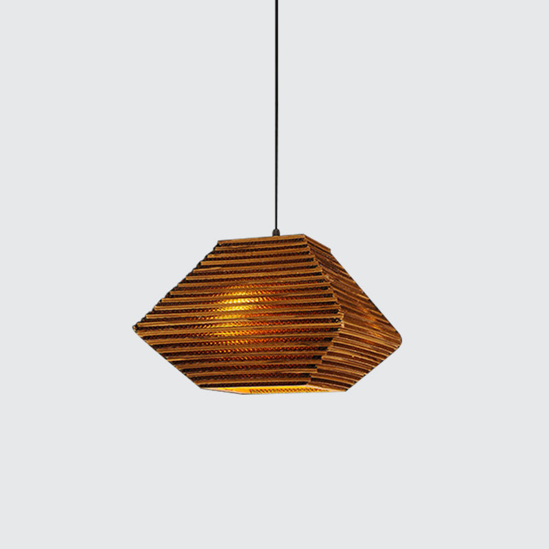 1 Bulb Bistro Pendant Lighting Rustic Brown Pendulum Light with Geometric/Cylinder/Bellied Corrugated Paper Shade Clearhalo 'Ceiling Lights' 'Modern Pendants' 'Modern' 'Pendant Lights' 'Pendants' Lighting' 1960217