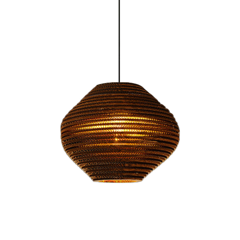 1 Bulb Bistro Pendant Lighting Rustic Brown Pendulum Light with Geometric/Cylinder/Bellied Corrugated Paper Shade Brown C Clearhalo 'Ceiling Lights' 'Modern Pendants' 'Modern' 'Pendant Lights' 'Pendants' Lighting' 1960220