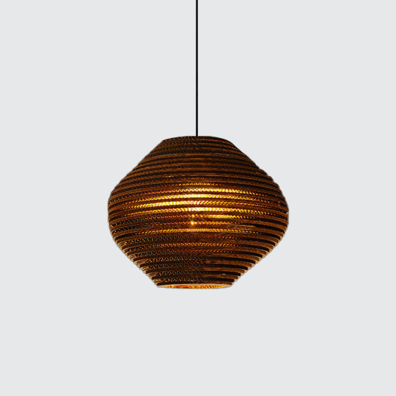 1 Bulb Bistro Pendant Lighting Rustic Brown Pendulum Light with Geometric/Cylinder/Bellied Corrugated Paper Shade Clearhalo 'Ceiling Lights' 'Modern Pendants' 'Modern' 'Pendant Lights' 'Pendants' Lighting' 1960221