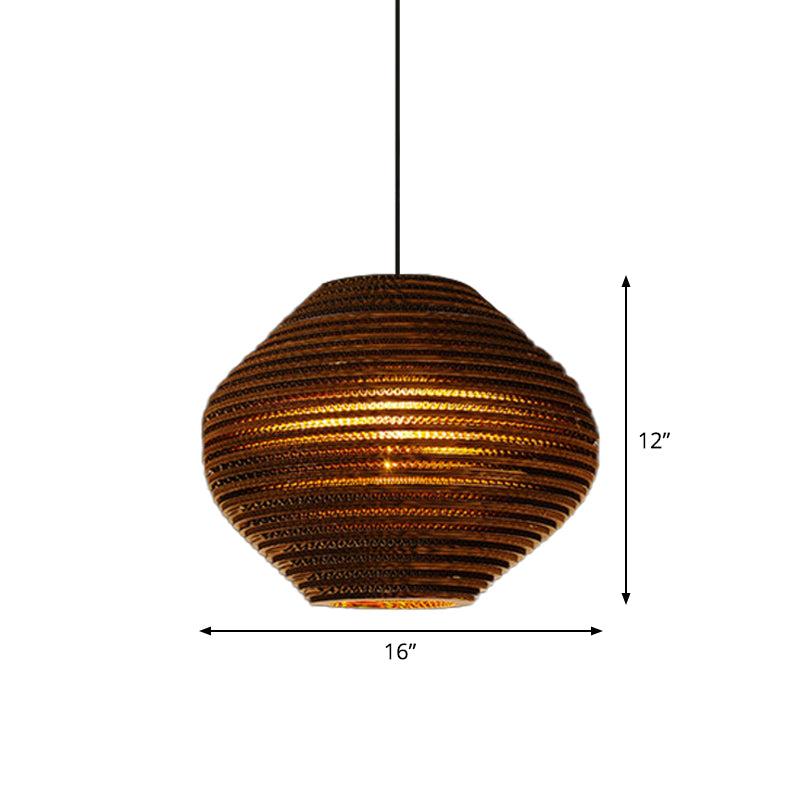 1 Bulb Bistro Pendant Lighting Rustic Brown Pendulum Light with Geometric/Cylinder/Bellied Corrugated Paper Shade Clearhalo 'Ceiling Lights' 'Modern Pendants' 'Modern' 'Pendant Lights' 'Pendants' Lighting' 1960222