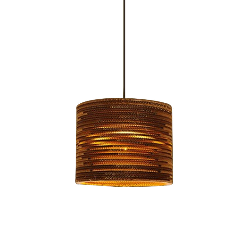 1 Bulb Bistro Pendant Lighting Rustic Brown Pendulum Light with Geometric/Cylinder/Bellied Corrugated Paper Shade Clearhalo 'Ceiling Lights' 'Modern Pendants' 'Modern' 'Pendant Lights' 'Pendants' Lighting' 1960224