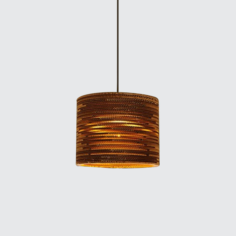 1 Bulb Bistro Pendant Lighting Rustic Brown Pendulum Light with Geometric/Cylinder/Bellied Corrugated Paper Shade Clearhalo 'Ceiling Lights' 'Modern Pendants' 'Modern' 'Pendant Lights' 'Pendants' Lighting' 1960225