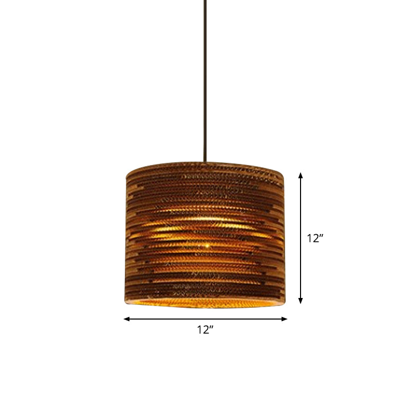 1 Bulb Bistro Pendant Lighting Rustic Brown Pendulum Light with Geometric/Cylinder/Bellied Corrugated Paper Shade Clearhalo 'Ceiling Lights' 'Modern Pendants' 'Modern' 'Pendant Lights' 'Pendants' Lighting' 1960226