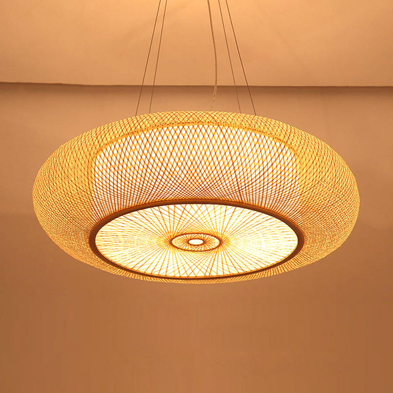 Handmade Round Bamboo Hanging Light Chinese 1 Bulb 18"/19.5"/31.5" Wide Beige Ceiling Pendant for Tearoom Beige Clearhalo 'Ceiling Lights' 'Chandeliers' 'Modern Chandeliers' 'Modern' Lighting' 1960271