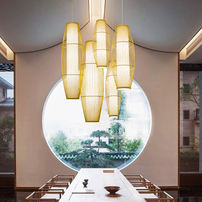Beige Elongated Oval/Barrel Drop Pendant Asian 1-Light Bamboo Ceiling Hanging Lantern, 16"/19.5"/31.5" Height Beige B Clearhalo 'Ceiling Lights' 'Modern Pendants' 'Modern' 'Pendant Lights' 'Pendants' Lighting' 1960280