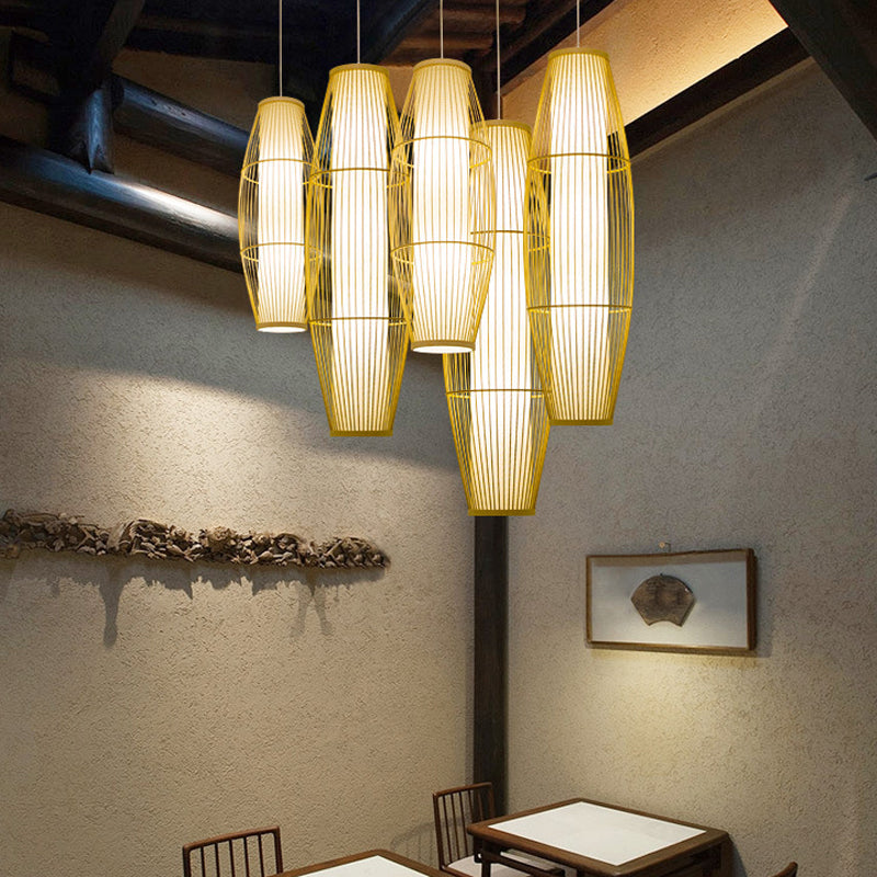 Beige Elongated Oval/Barrel Drop Pendant Asian 1-Light Bamboo Ceiling Hanging Lantern, 16"/19.5"/31.5" Height Clearhalo 'Ceiling Lights' 'Modern Pendants' 'Modern' 'Pendant Lights' 'Pendants' Lighting' 1960281